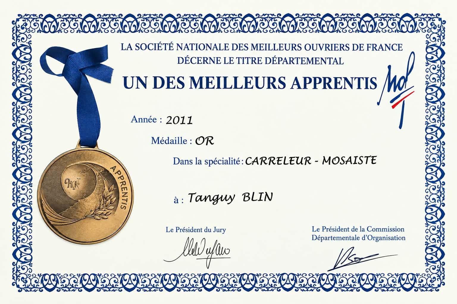 Diplôme départemental Un des Meilleurs Apprentis de France de Tanguy Blin